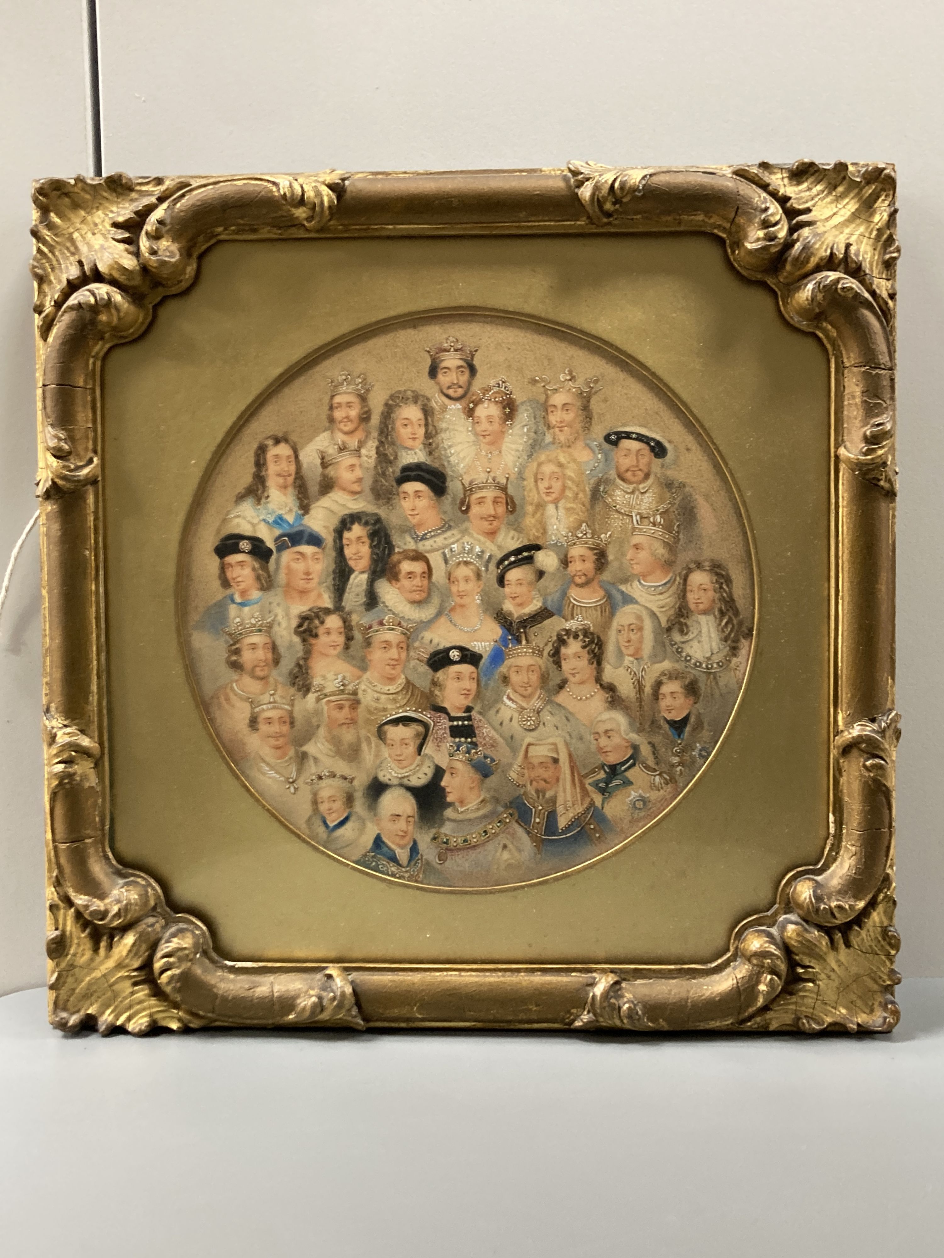 English School (19th/20th century), Kings and Queens of England (possibly copied from cigarette cards), watercolour, tondo, 17cm